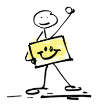 artistic drawing of a stick figure holding a sign with a smiley face on it