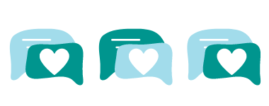Cartoon illustration of three chat icons with hearts