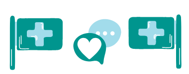 cartoon illustration of two health care flags with heart chat buttons