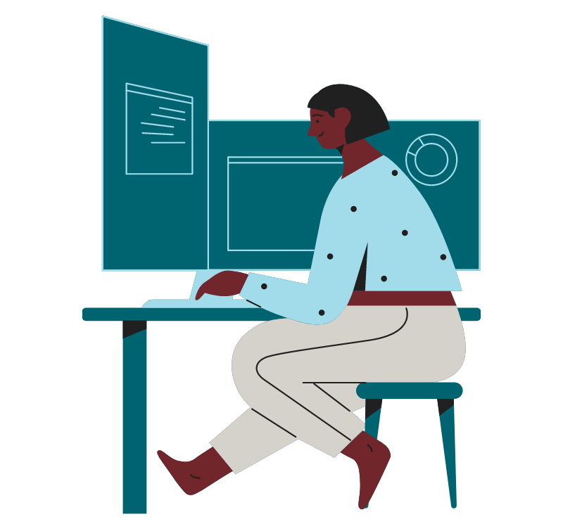 cartoon illustration of a female seated at desk viewing large screen computer