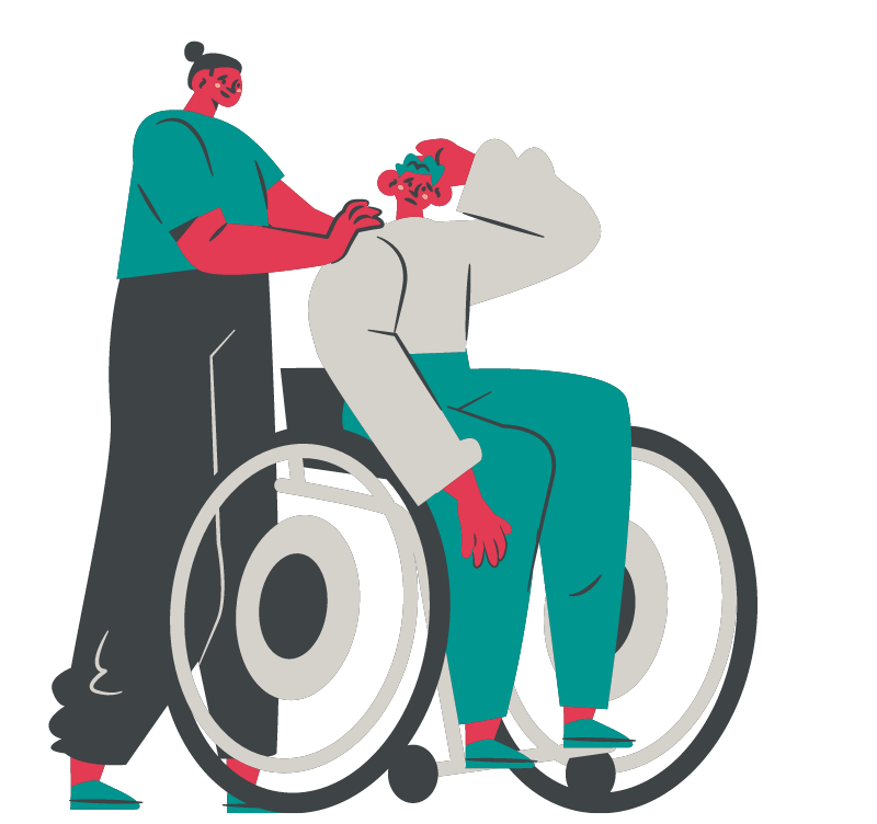 cartoon illustration of person providing comfort to person seated in wheelchair