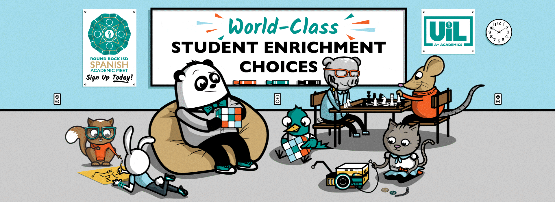 Animated illustration with an anthropomorphic theme. Squirrel and rabbit calculating math problem. Panda and bird solving a cube, cat building a robot, big and mouse playing checkers. World Class student enrichment banner in the background on a white board.
