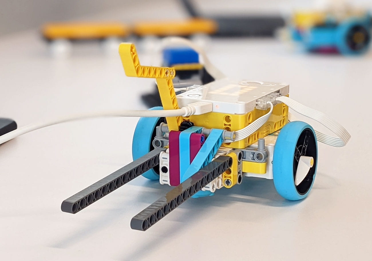 picture of lego robot connected to a computer